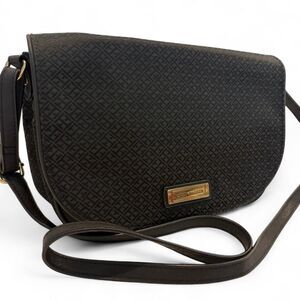 Tommy Hilfiger Black‎ Jacquard Monogram Flap Saddle Crossbody Bag Gold Plaque